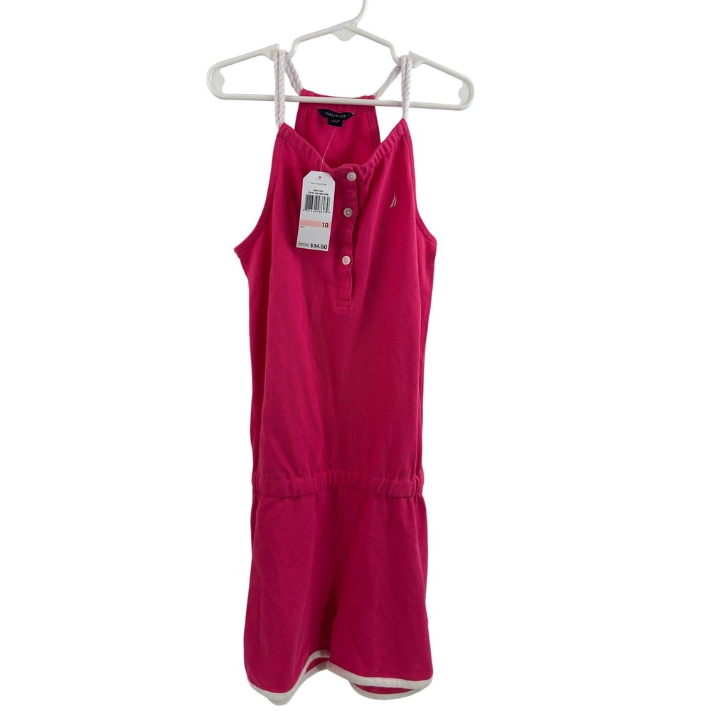 Nautica Romper Size 10 Pink Rope Straps Henley Pique Knit Girls